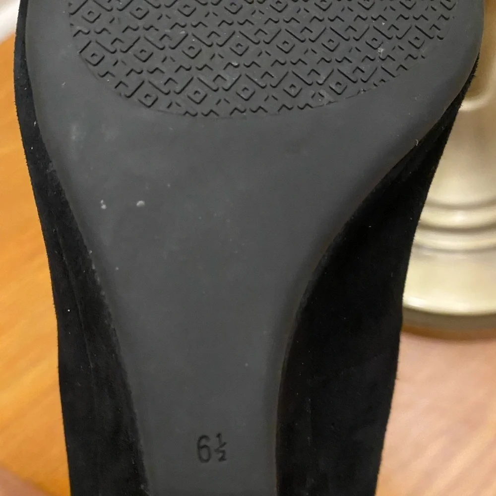 Tory Burch Luna Suede Black Flats with Gold Logo Wedge